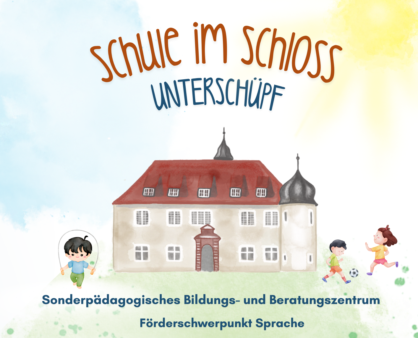Schloss mit Kindern, die spielen; Text: „Schule im Schloss Unterschüpf“.